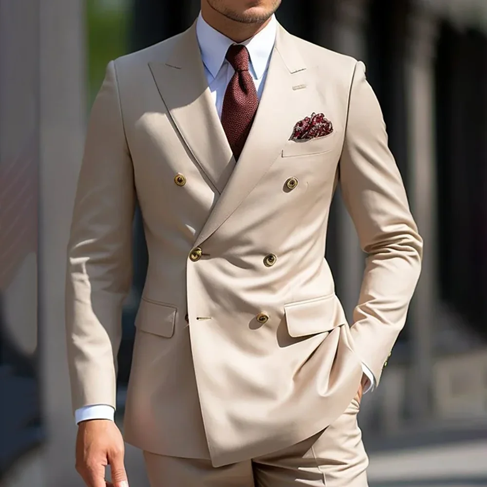 

Luxury Men's Suits Double Breasted Elegant Full Set Peak Lapel High Quality Evening Party Blazer Terno 2 Piece Jacket Pants