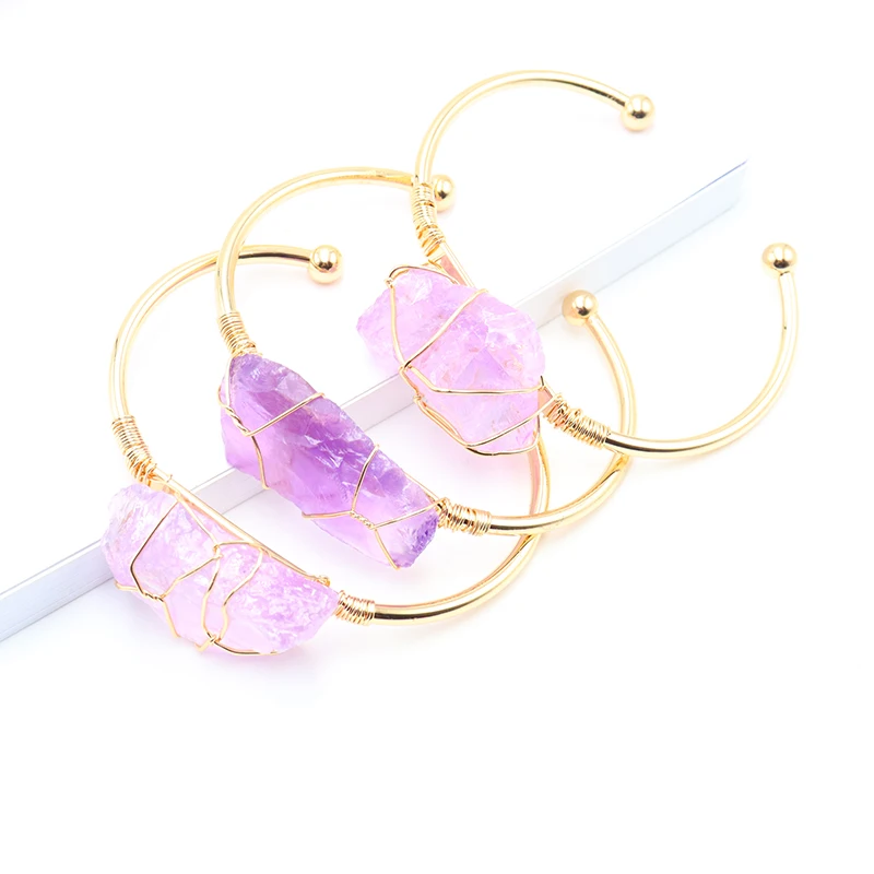 Irregular Geode Stone Crystal Amethyst Bangle for Women Boho Resizable Bracelet Jewelry