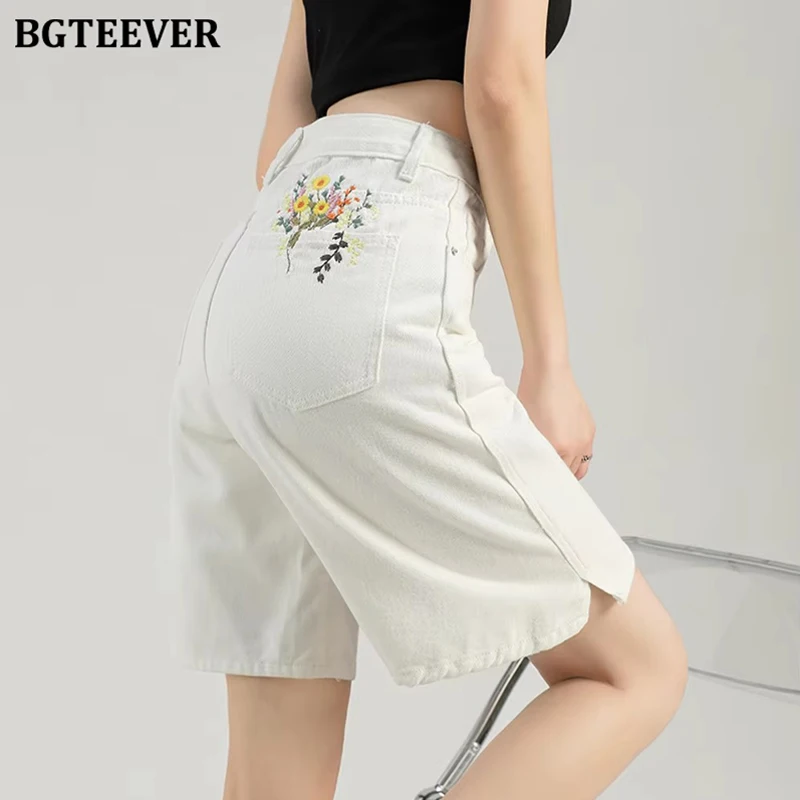

BGTEEVER стильные широкие джинсовые шорты с вышивкой и карманами для женщин, летние шикарные свободные женские джинсовые шорты с высокой талией