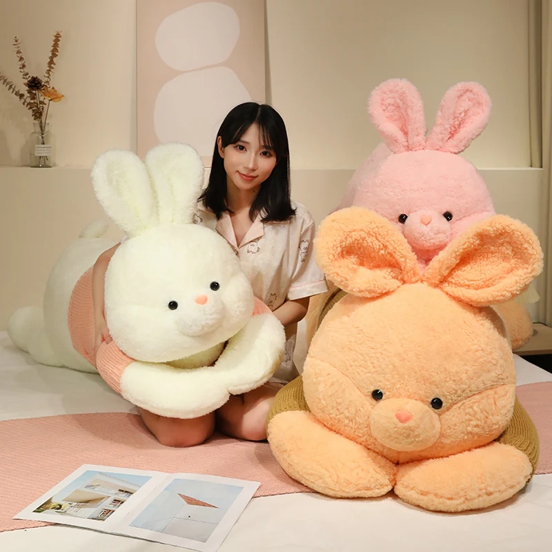 90cm Lying Bunny Plush Toy with Sweater Large Size Soft Stuffed Rabbit Doll Sleeping Hug Pillow Home Sofa Decor Plush Toys