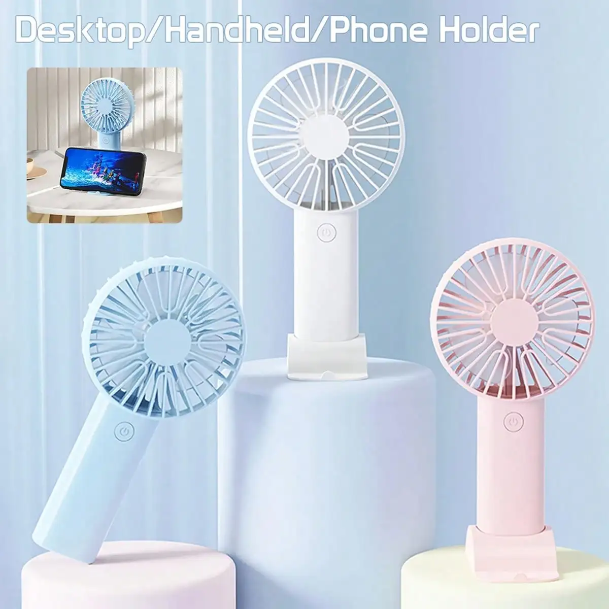 

1pc Cute Solid Color Elegant 3-Leaf USB Rechargeable Fan With Stand, Suitable As Phone/Tablet Holder, Cooling For Outdoor Sports, Beach, Office, School, Home Use, Gift For Women,Camping,Travel Essential