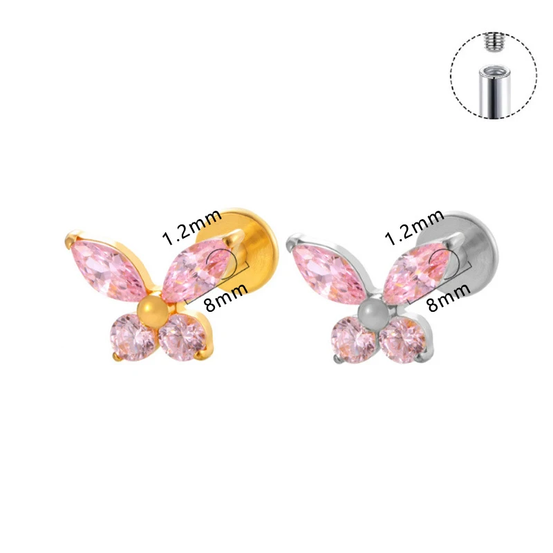 1PC G23 Titanium Butterfly Zircon Labret Internal Thread Ear Stud Helix Cartilage Conch Nose Lip Tragus Stud Piercing Jewelry