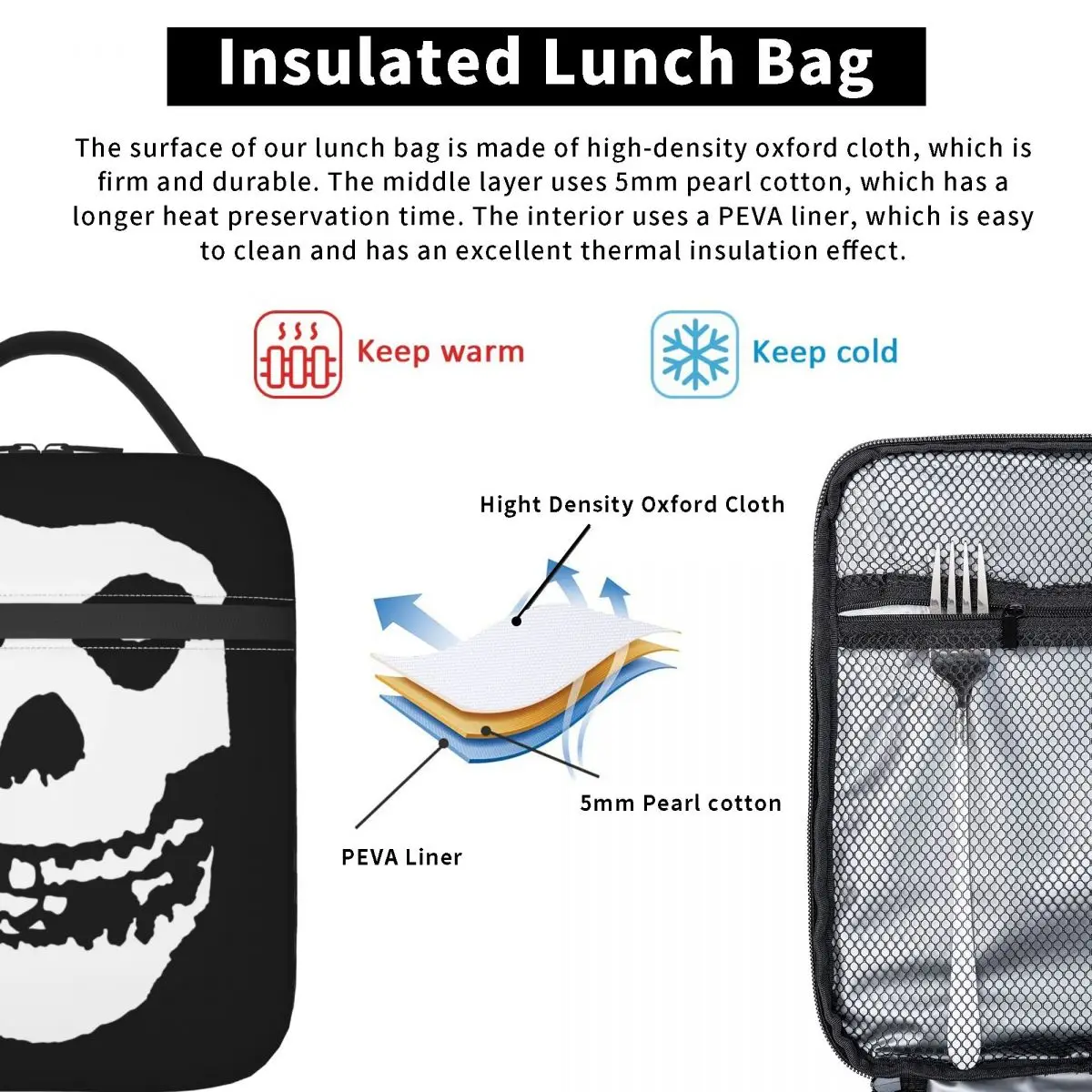 Skull Misfits Insulated Lunch Bag Thermal Bag Reusable Large Tote Lunch Box for Men Women Office Picnic