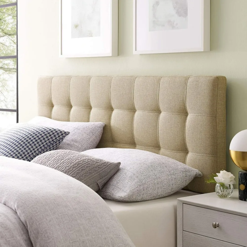 Lily Tufted Linen Fabric Upholstered Queen Headboard in Beige