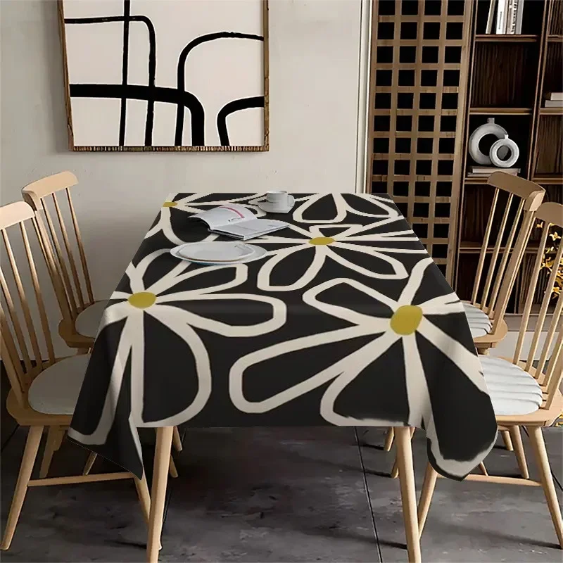 1pc Nordic Ins Style Tablecloth - Black Background with White Lines and Flower Patterns - Highlights Eye-Catching Petals (YZB)