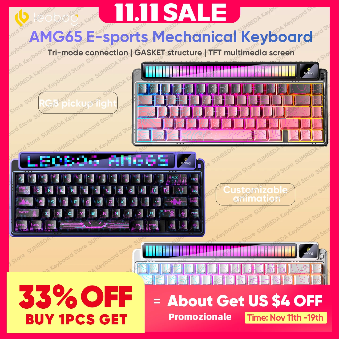 LEOBOG AMG65 Keyboard Mekanis Layar LED TFT RGB Hot-swap Bluetooth 2.4G Keyboard Berkabel Hadiah Aksesori Gamer PC Kustom