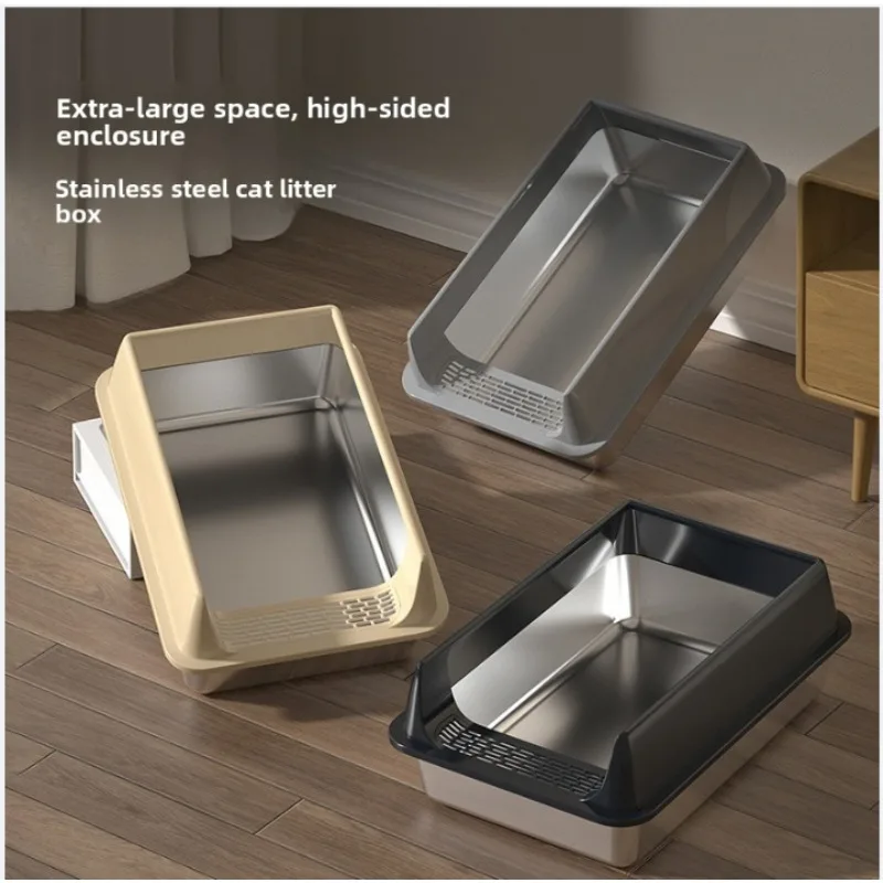 Semi‑Enclosed Stainless Steel Cat Litter Box, Extra Large High‑Sided Anti‑Spill Thick Litter Pan Toilet for Household Cats