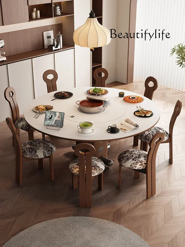 N Rock slab round table with intelligent warm dish turntable round dining table and chairs with induction cooker integrated