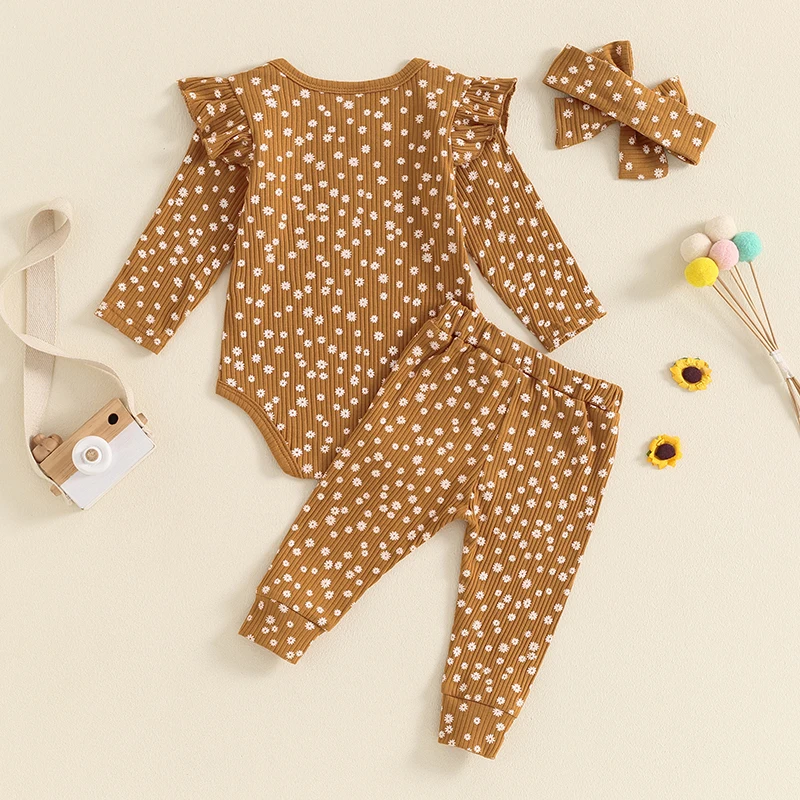 0-18 أشهر طفلة ربيع الخريف الزي الأزهار طويلة الأكمام مضلع رومبير القوس السراويل عقال 3 قطعة مجموعة