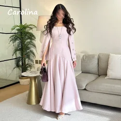 Carolina Pink Square Collar Crepe A-LINE Formal Evening Dress Saudi Arabia 2024 Slim Beading Long Sleeve Floor-Length Prom Dress