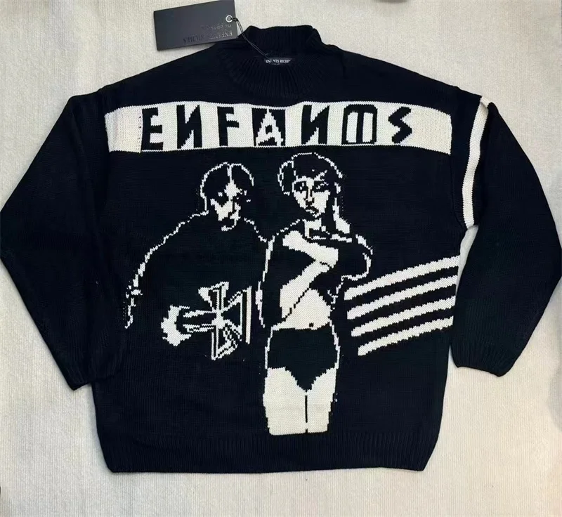 24ss Oversized Enfants Riches Deprimes Turtleneck Sweater Men Women Letter Print ERD Black Knitted Pullovers