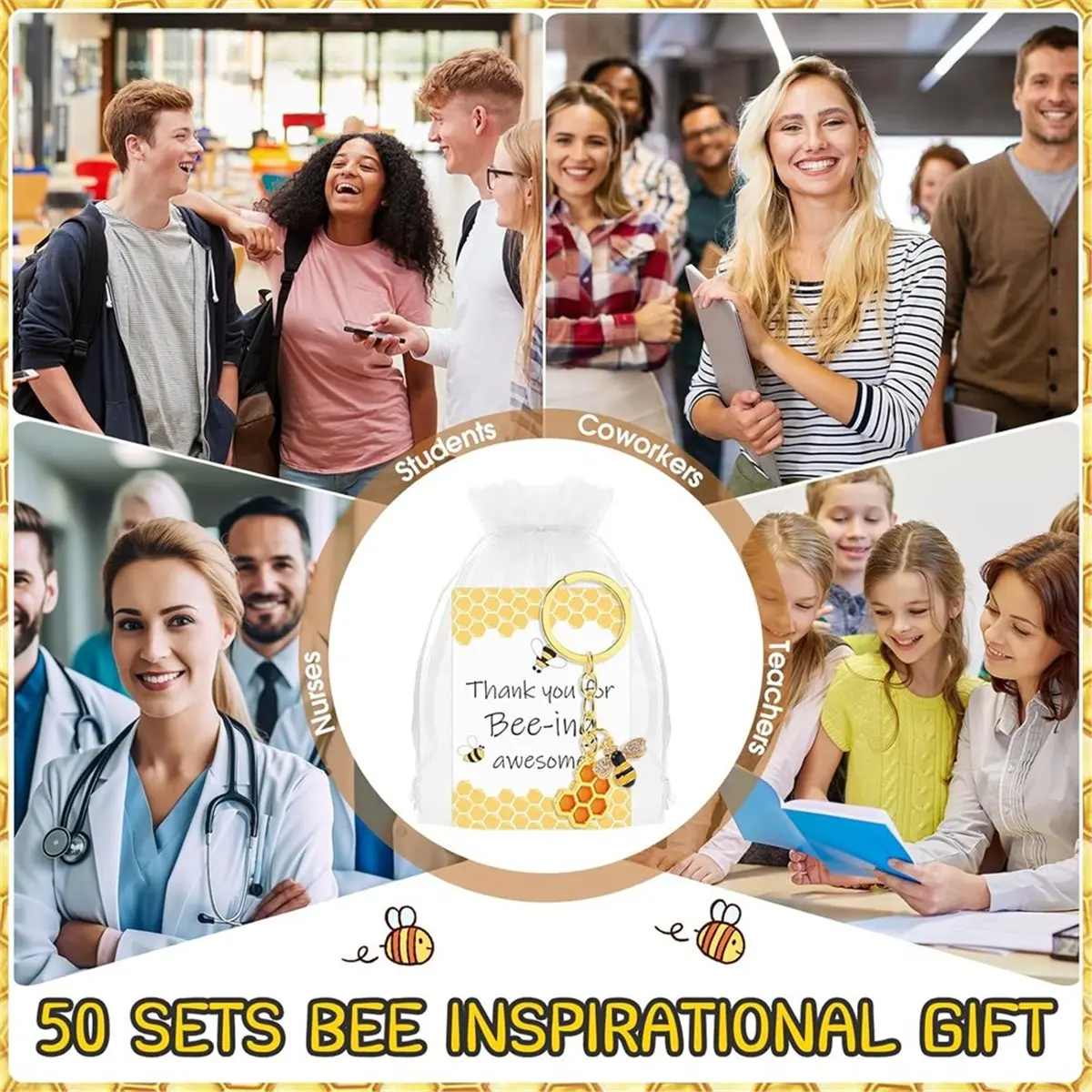 

50sets Graduation Season Thank-You Gift, Bee Keychain, with Thank-You Card and Transparent Gauze Bag, Giving to Friends