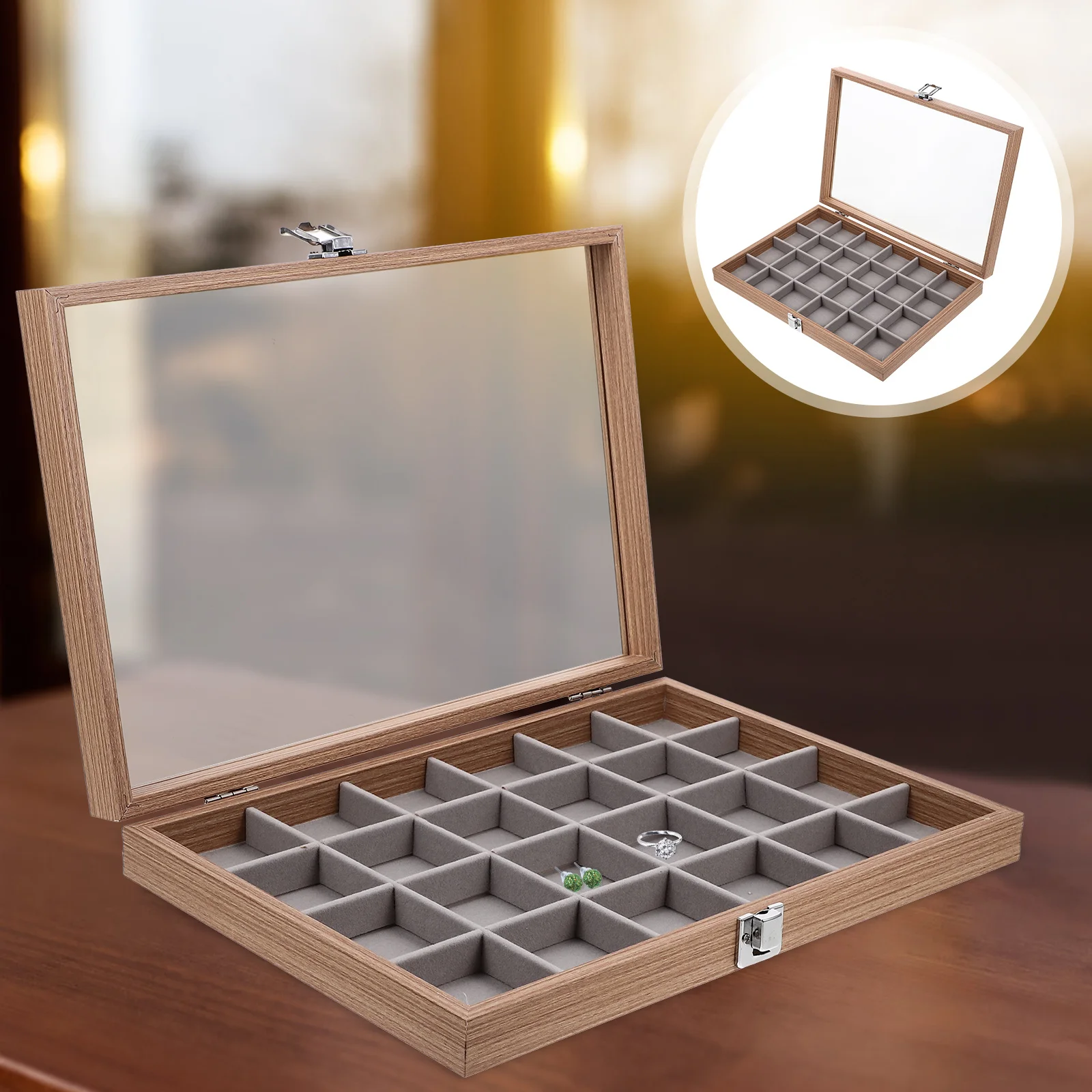 صندوق عرض مجوهرات خشبي غطاء زجاجي شفاف أقراط متعددة الشبكة قلادة حلقة تخزين منظم صندوق مجوهرات مع غطاء شفاف #5