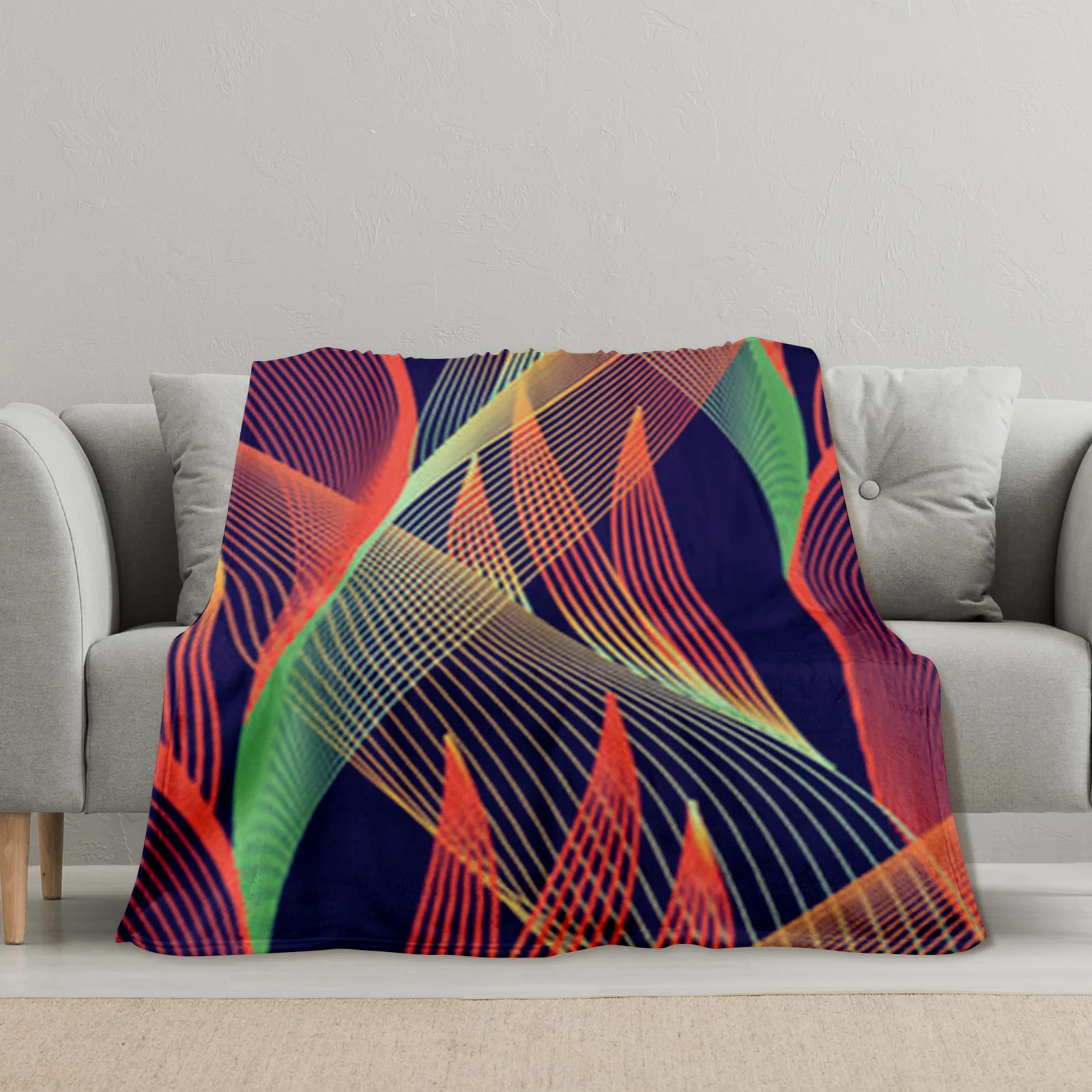 Modern Line Design Blanket In Vibrant Green Rich Orange And Deep Navy For Eclectic-Themed Decor And Unique Gift For Adults
