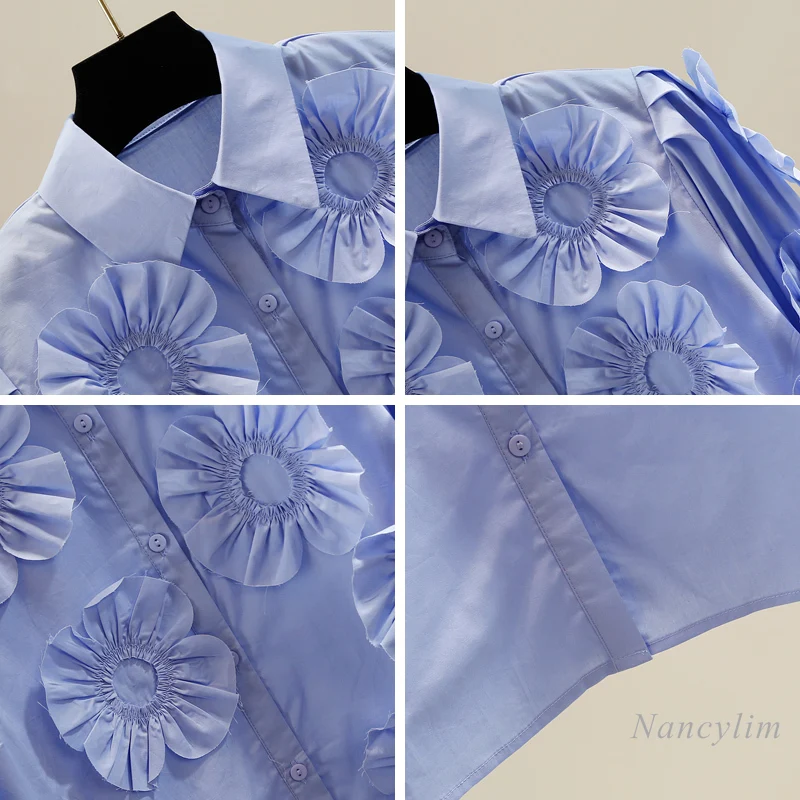 Chemisiers à revers décoratifs pour femmes, chemise à boutonnage simple, haut bleu assressenti, plissé tridimensionnel, grande fleur, mode