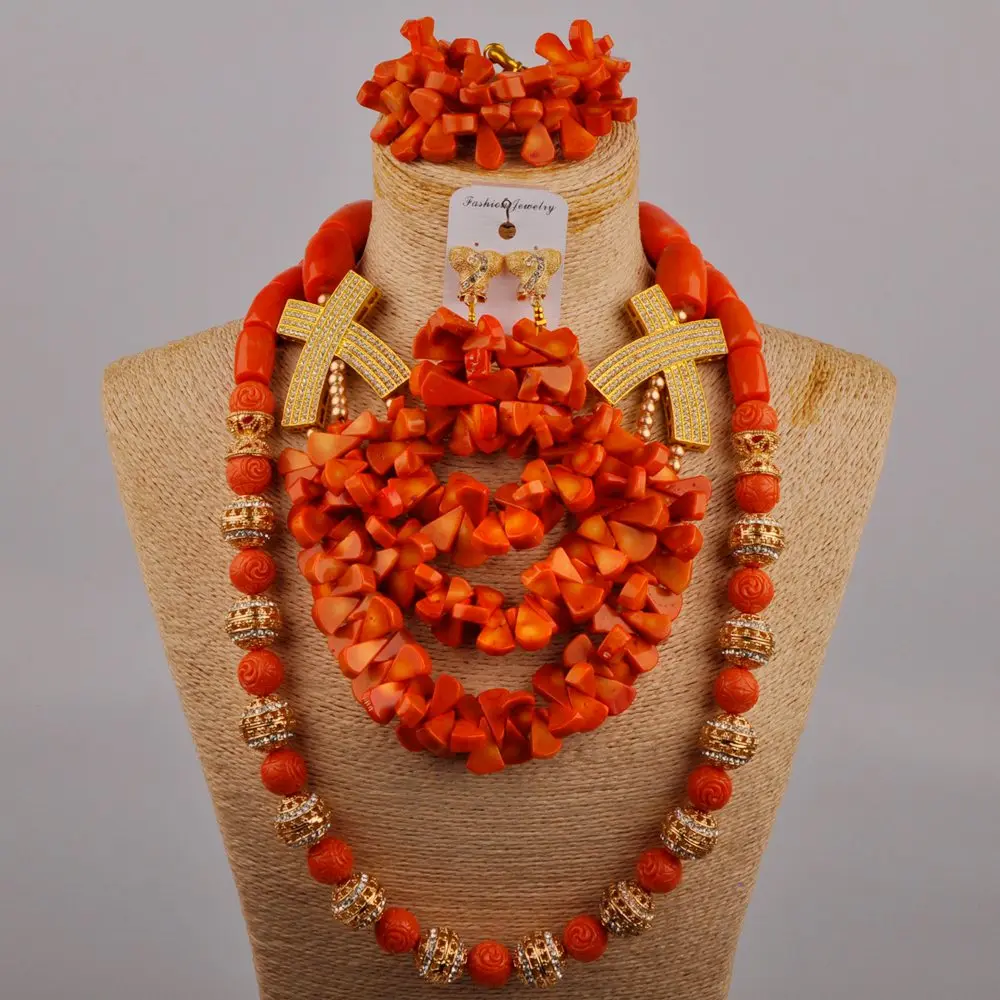 

Luxury Nigerian Women Wedding Jewelry Orange Natural Coral Necklace African Bride Wedding Banquet Jewelry Set AU-726