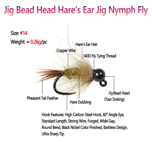 Imagen 2 del producto Bimoo 6 piezas # 14 cabeza de cuentas de tungsteno oreja de liebre Jig Ninfa mosca sin púas fregadero rápido húmedo Euro Ninfa mosca trucha Panfish Señuelos de pesca