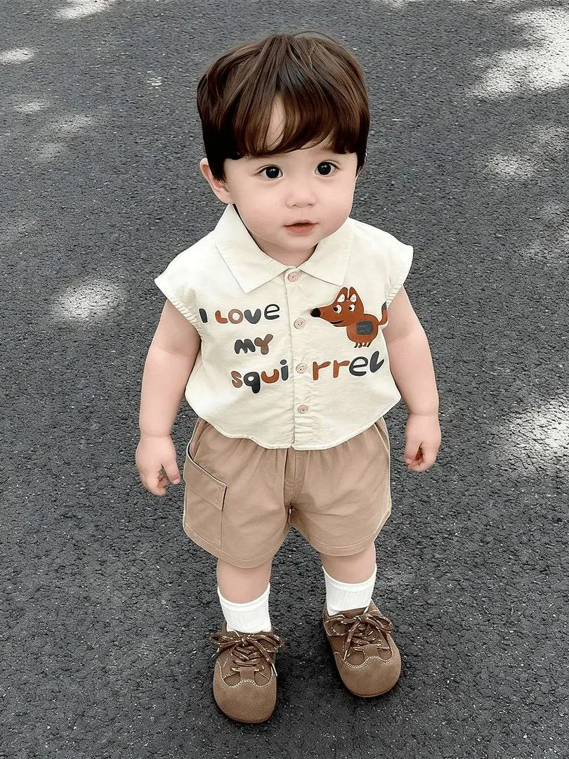 男の子用夏服-ベビー-ストレートレッグ-ルーズシャツ-韓国風-子供服-ショートパンツ-ツーピースセット-可愛いスタイル