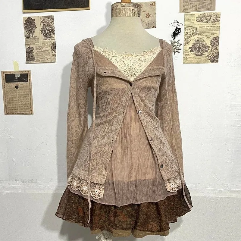 

Sweet Gothic Lolita 2 Piece Set Outfits Women Cute Vintage Cardigan Strap Y2k Mini Dress Sets Harajuku Party Wear