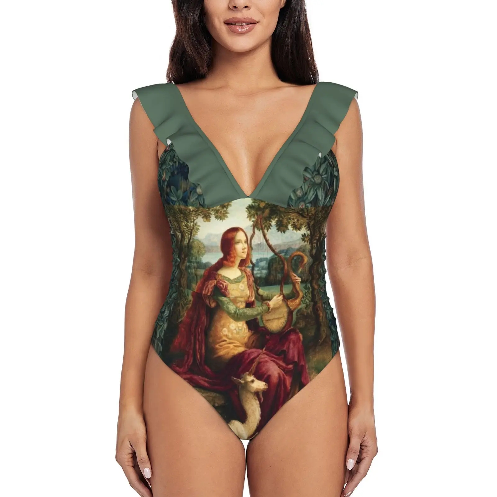 Unicorn And Lady Playing Lyra , Forest Animals , Fox , Does Sexy Print Swimwear Women One Piece Swimsuit Female Monokini