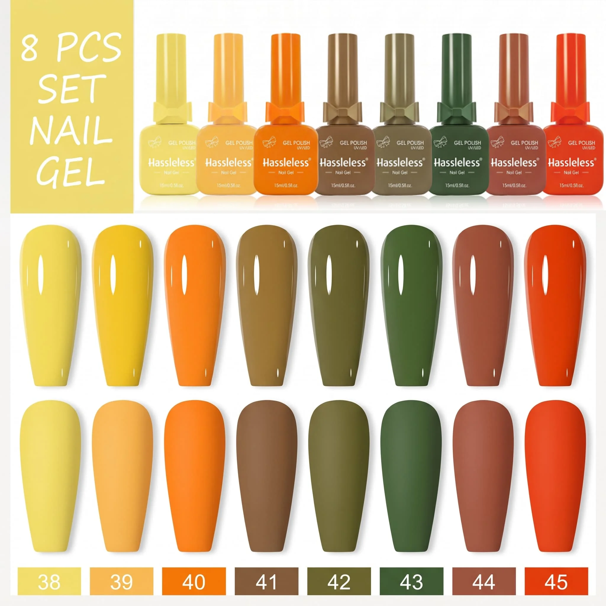 Hassleless 8-piece Fall/Winter Yellow-Orange-Olive-Green Gel Polish Set, featuring a combination of bright yellow-orange, caramel brown, and olive green, suitable for vintage autumn manicures, ideal for home DIY and na