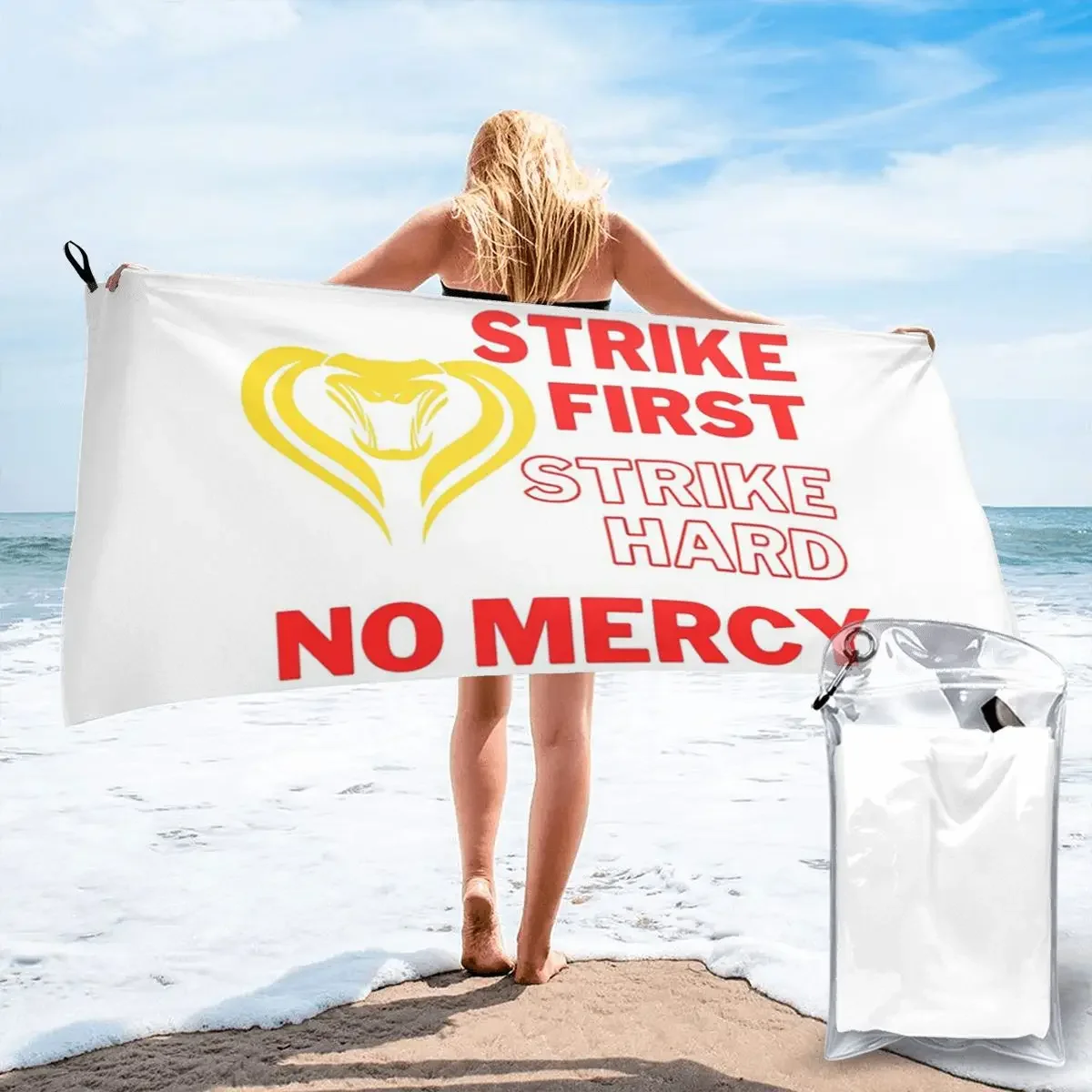 

Cobra Kai Strike First Strike Hard No Mercy Пляжное полотенце Мягкое быстросохнущее впитывающее быстрое полотенце из микрофибры для йоги