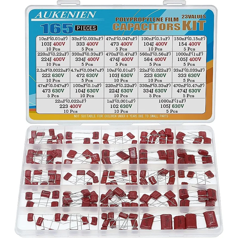 

23 Values 165PCS Polypropylene Capacitors 400V 10nF to 1uF 630V 1nF to 1uF CBB22 Metallised Film Capacitors Assortment Kit