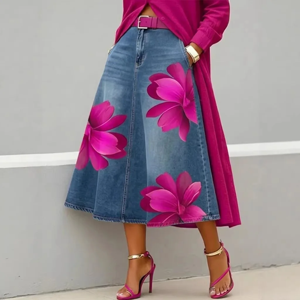 Denim Skirts Women Mid Length Skirt A Line Floral Print Pockets Elegant Splice Y2k Streetwear Work Beach Casual Washed Summer view 4