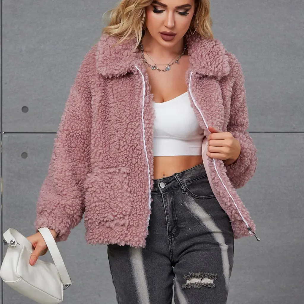 

Women's Imitation Fur Coat Zipper Short Solid Color Lamb Wool Blend Outerwear European American Style