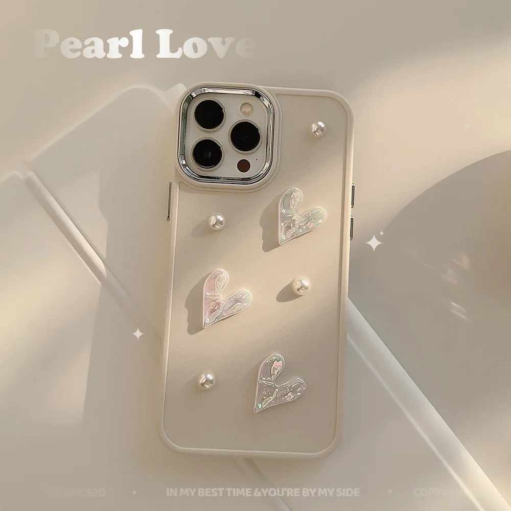 3D Cute Flower Pearl Heart Phone Case for iPhone 16 15 14 13 12 11 Pro Max Plus XS XR Shockproof Drop Protect Back Cover Luxury