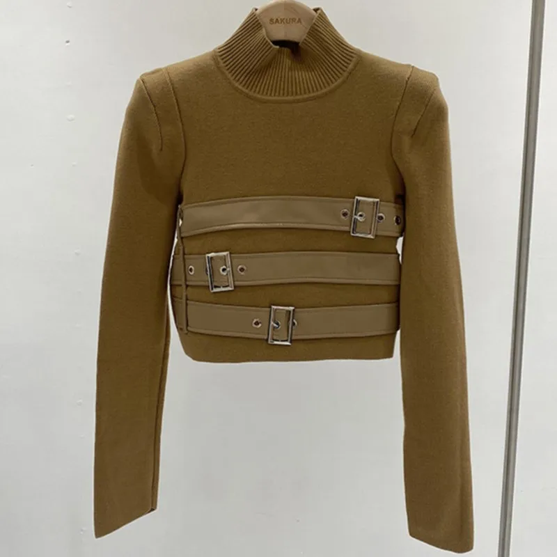 

Дизайнерский женский вязаный свитер с длинными рукавами в стиле пэчворк, осенне-весенний, с высокой талией и высоким воротником, короткий, маглиони.