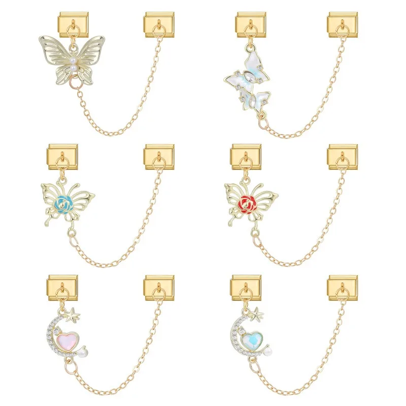 Color dorado, corazón rosa, estrella, cereza, Luna, cadena, borla, abalorio italiano, ajuste de pulsera de acero inoxidable de 9mm, regalos DIY para mujer