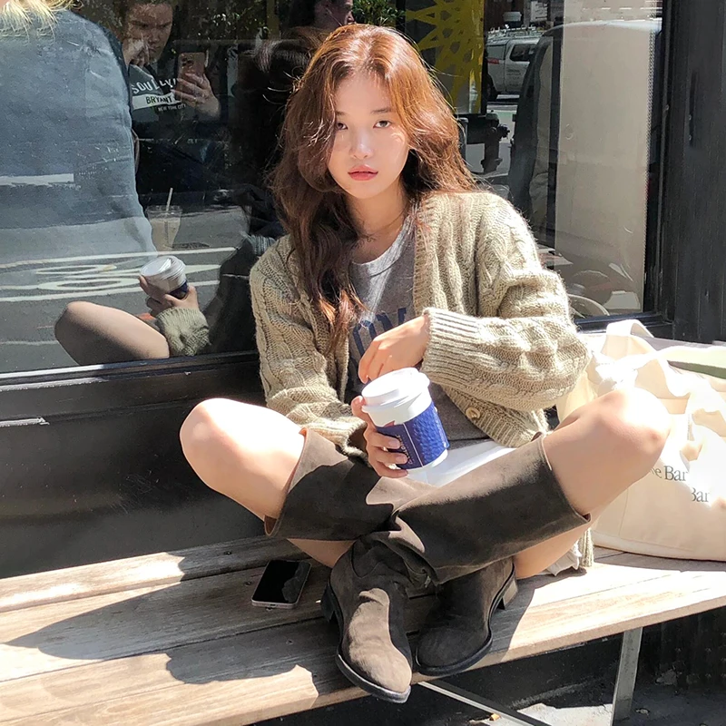 เสื้อคาร์ดิแกนถักแบบวินเทจเรียบง่าย ดีไซน์เปิด ทรงหลวม ติดกระดุม แขนยาว คอวี สำหรับผู้หญิง ทำจากผ้าขนสัตว์