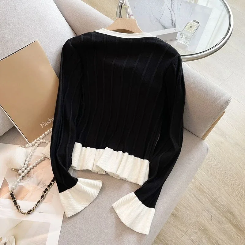 Flare Sleeve Ruffles Short Cardigans Korean Fashion Vintage Autumn Winter Women Sweaters Sweet Slim Ropa De Mujer