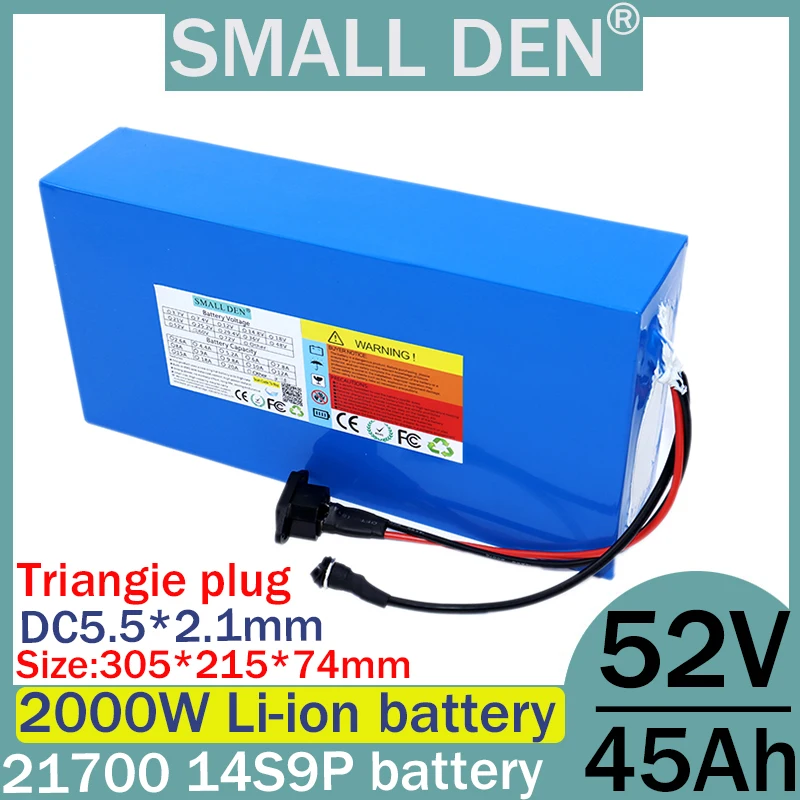 New 52V 45AH lithium battery pack 21700 14S9P 2000W motor built-in 40A BMS scooter bicycle rechargeable battery off-road vehicle