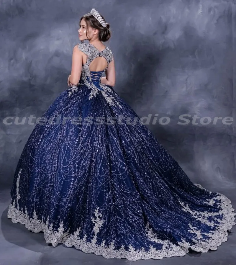 Charro Vestidos De XV ol abiti Quinceanera blu Navy Applique in pizzo paillettes ragazze messicane Quince compleanno dolce 15 abiti