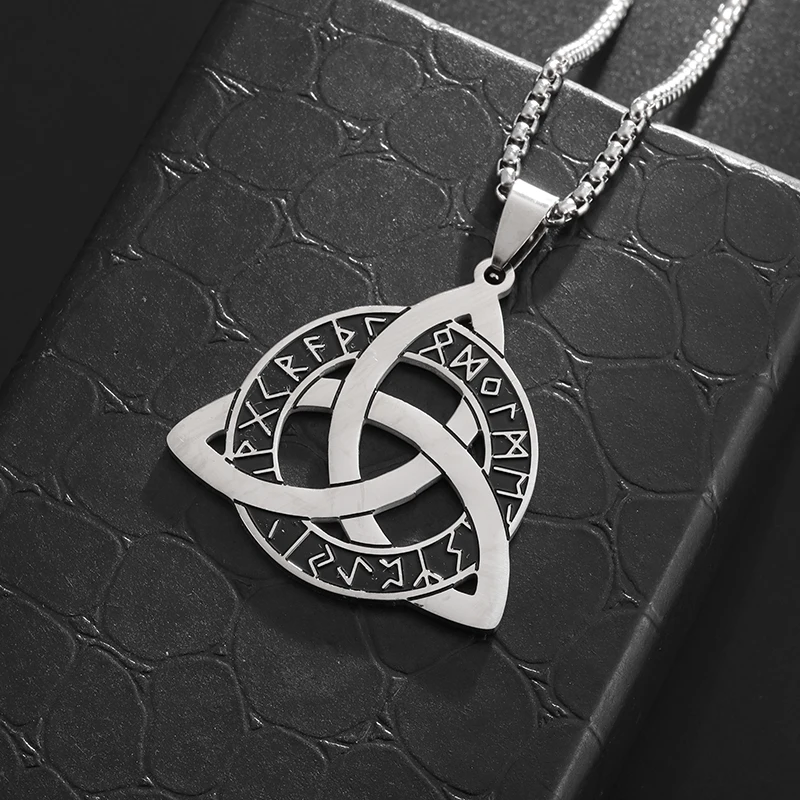 Stainless Steel Nordic Rune Triangle Knot Pendant Necklace for Men Women Irish Celtic Trinity Knot Lucky Amulet Jewelry