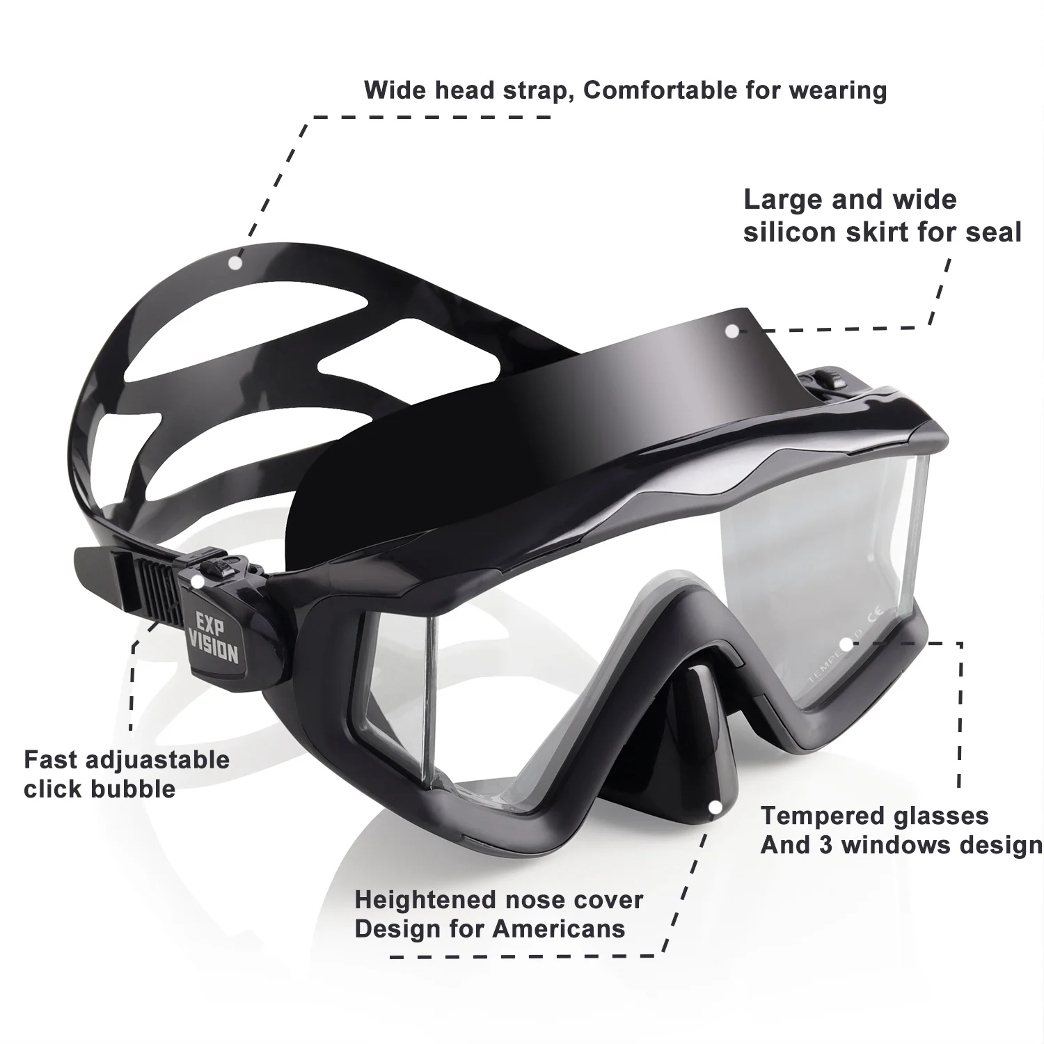 EXP VISION 3 Windows Wide View Scuba Diving Mask for Snorkeling and Diving, Adult Snorkeling Mask Swim Goggles for Men and Women