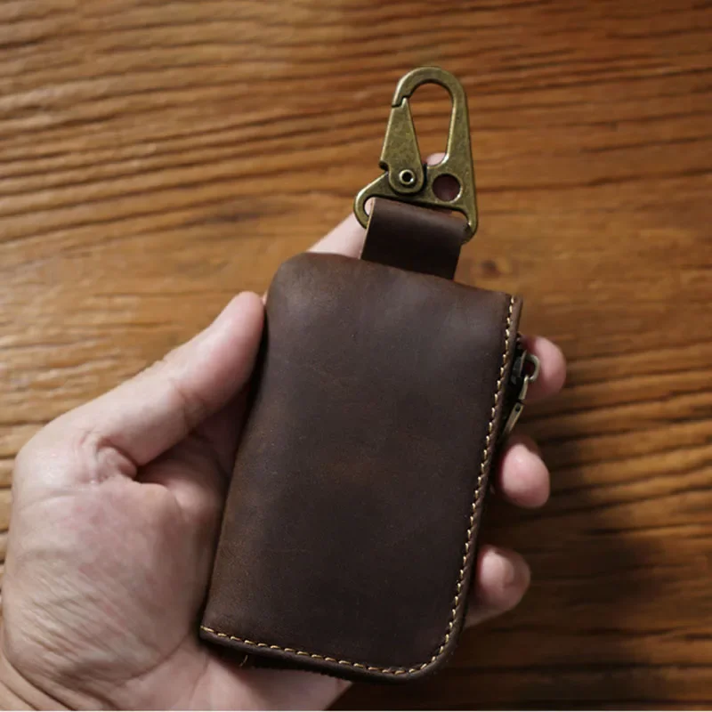 Porte-clés de voiture en cuir fait à la main, portefeuille pour hommes et porte-monnaie en cuir de vache