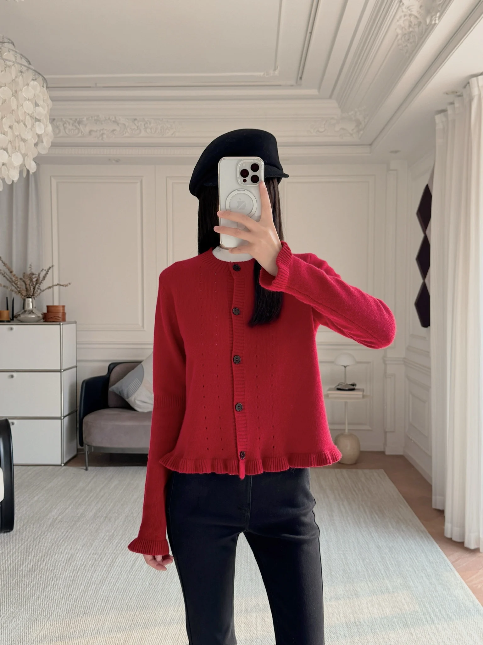 

ICE00 Wool Knitted Hollow out round Ne Open Cardigan Gentle Wood Ear Design Women's Loose Fit Long Sve Knitwear