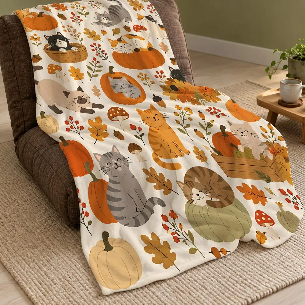Four Season Cute Cat Throw Double Sided Flannel Throw Blanket Soft Warm Washable Home Decor