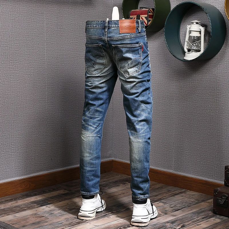 European Fashion Trend Men Jeans High Quality Elastic Slim Fit Ripped Jeans Men Retro Blue Vintage Designer Denim Pants Hombre