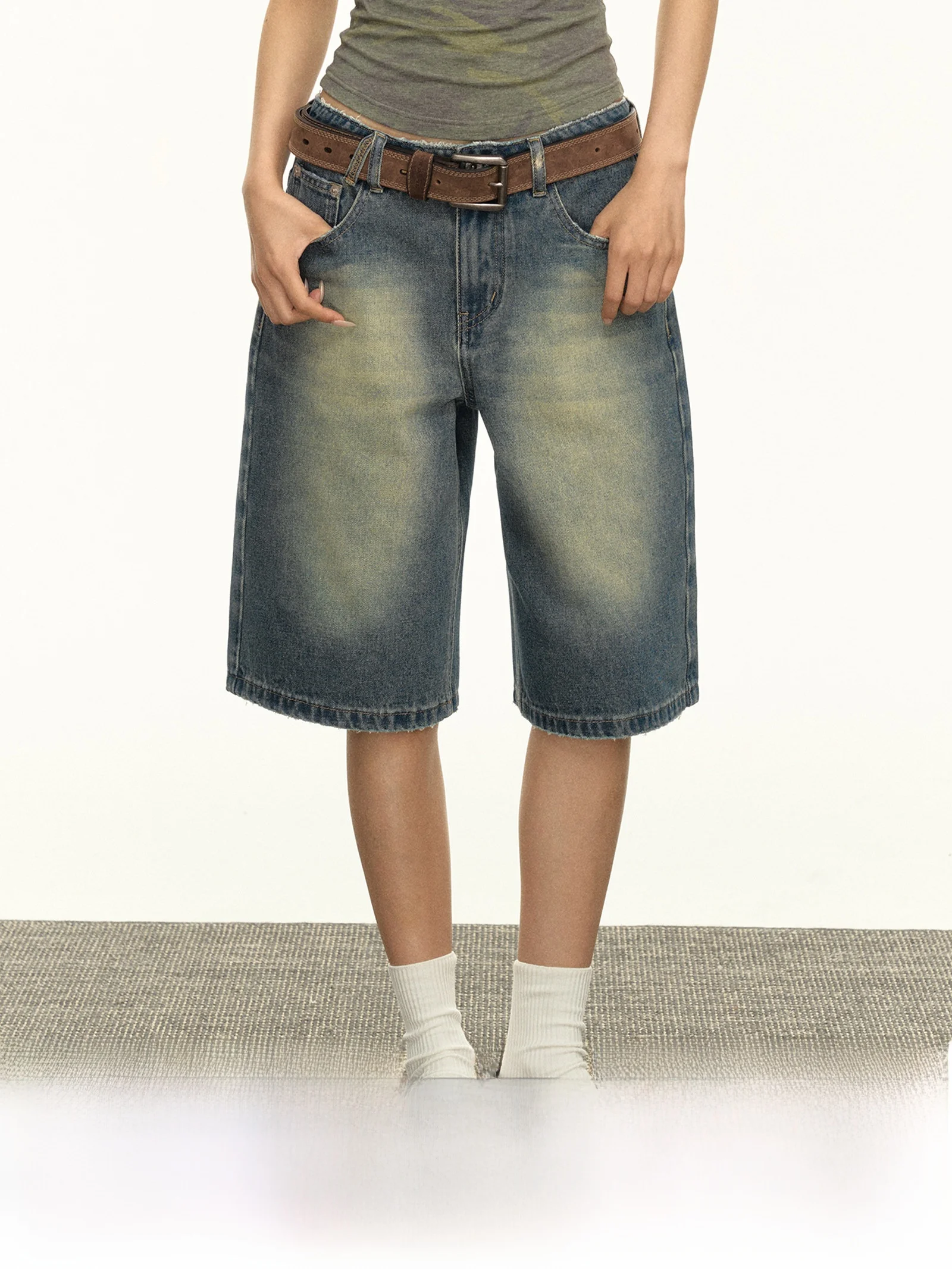 

Ariseism American Retro Waed Loose Five-Point Jeans orts Women's Summer New Sle Low Waist Straight Leg Blue Denim orts