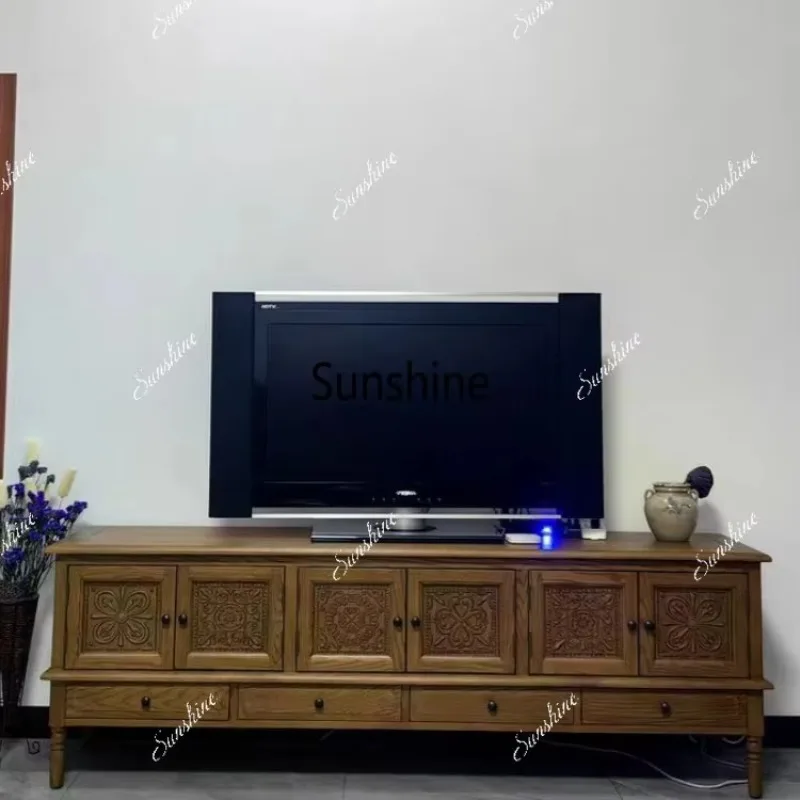 YAmerican country solid wood carving flower TV cabinet combination retro pastoral style living room storage