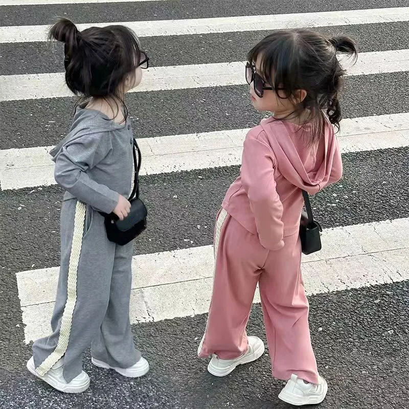 Girls Hooded Set Baby Fashion Casual Long-Sleeved Suit Spring Autumn New Children's Buttons Round Neck Blouse Pants 2Pcs 2-10Y