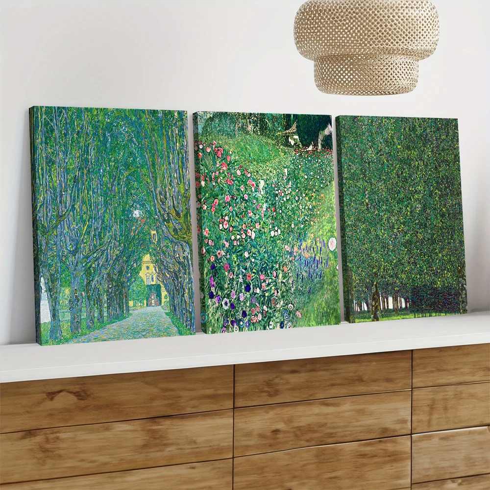 2D Flat,3pcs frameles,3 Reproductions of Klimt's Famous Paintings, Vienna Park, Greenway, European Retro Oil Painting, Living Ro
