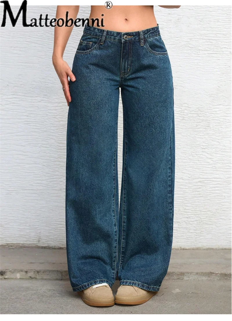 

2025 Vintage Low Waist Straight Jeans Women Four Seasons Wide Leg Trousers Casual Commuter Female Denim Pants Trend Streetwear