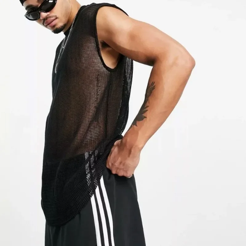 الرجال شبكة الجوف خارج تانك القمم أكمام فضفاضة الشارع الشهير تريكو مثلي الجنس مثير شير سترة حفلة ليلة مرحلة الأداء وتتسابق #4