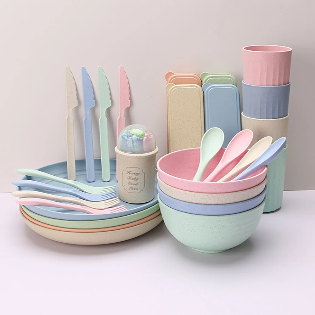 29pcs Reusable Cutlery Set Non-slip Wear-resistant Household Wheat Straw Bowl Cup Plate Knife Fork Spoon Tableware