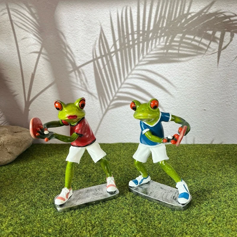 2pcs Cute Frog Playing Ping Pong Statue Frog Figurine Home Desktop Bookshelf Decoration Accessories Resin Animal Statue Gift